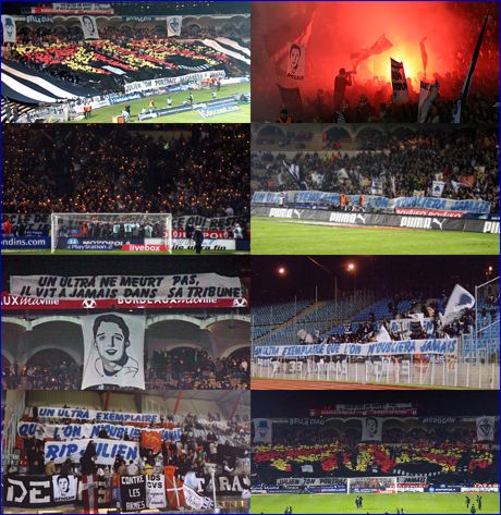 Collage di foto degli Ultras del Bordeaux, in cui si ricorda JULIEN