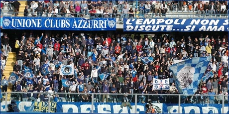 Tifo empolese ad Empoli-Siena. Tra lo striscione dei Rangers e quello dei Desperados  appeso lo stendardo 'Tino con noi. BOYS'