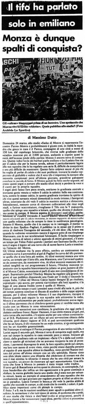 Il tifo ha parlato solo in emiliano. Monza  dunque spalti di conquista? Un articolo di Massimo Dutto in riferimento a Monza-PARMA del 24-03-1985