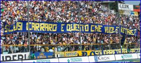 BOYS, Curva Nord di PARMA. Striscione pre-coreografia: 'Scusi Carraro  questo che vuole vietare?'