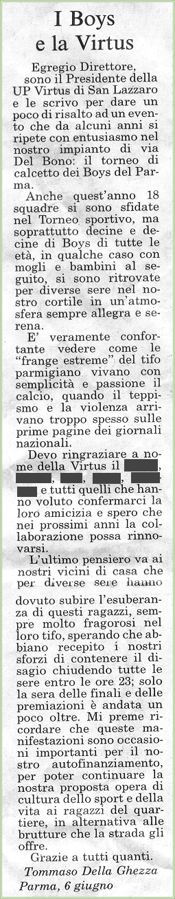 'I Boys e la Virtus'. Lettera del Presidente della U.P. Virtus alla Gazzetta di Parma