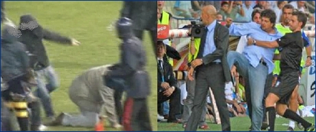 Stadio Tardini. A sinistra: un ragazzo dei BOYS prende a calci nel culo un ultras della Juventus. A destra: Baldini prende a calci nel culo Di Carlo.