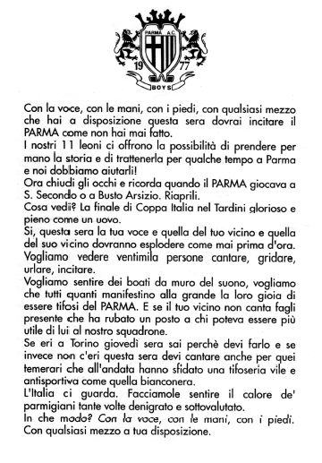 Volantino BOYS del 14-05-1992 'Sostieni il Parma con la voce, con le mani, con i piedi, con qualsiasi mezzo che hai a disposizione'