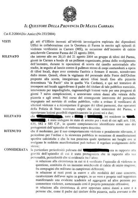 1a pagina della ri-diffida per Carrarese-PARMA